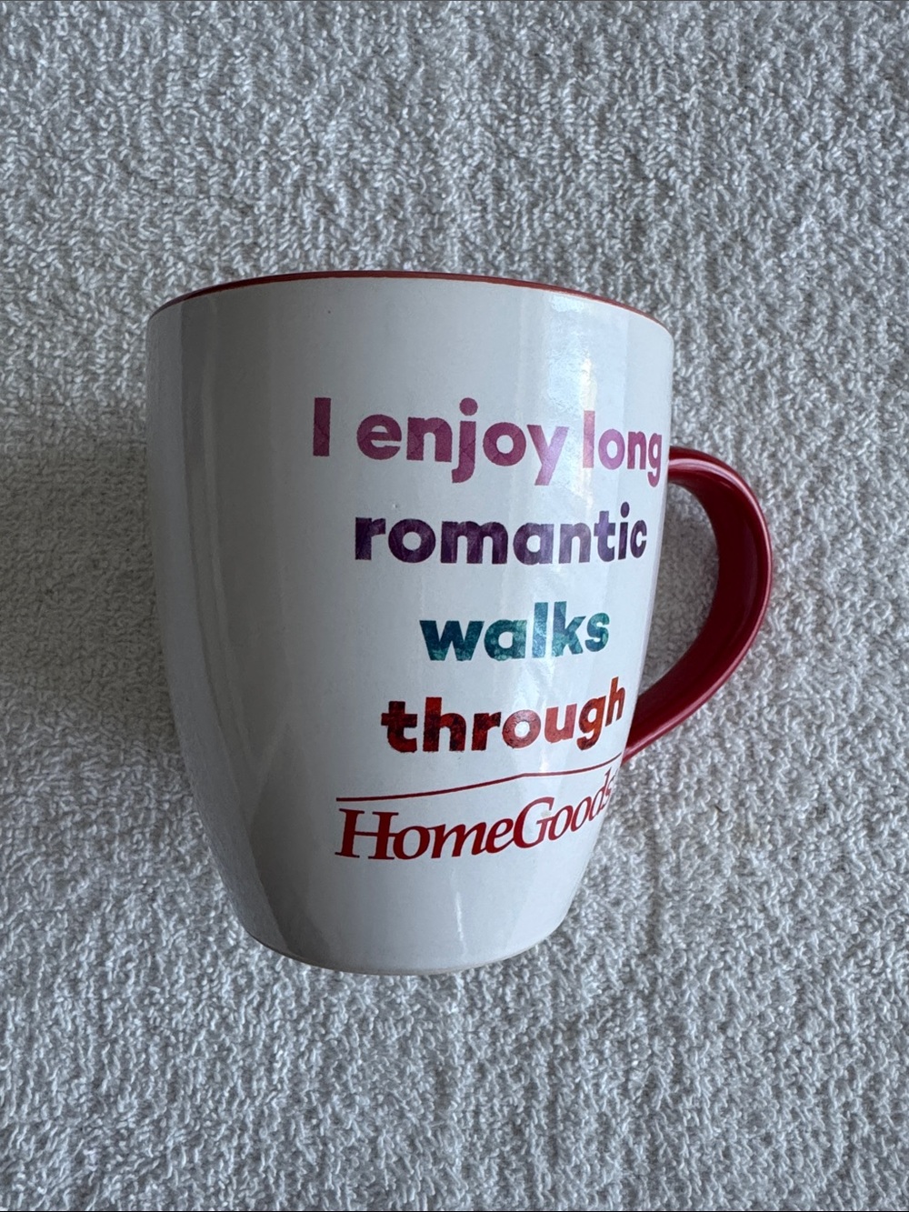 Home Goods White and Red Ceramic Mug with Colorful Text